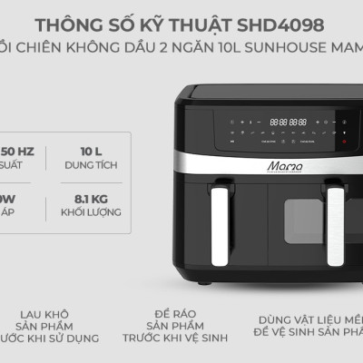 [New] Nồi chiên không dầu 2 ngăn 10L Sunhouse Mama SHD4098 - Chế độ riêng - Tiết kiệm thời gian - Công nghệ Rapid Air - Hàng chính hãng