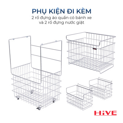 Kệ (Giỏ) Đựng Đồ, Chia Quần Áo Phòng Giặt HiVE 2 tầng inox 304 cao cấp có bánh xe