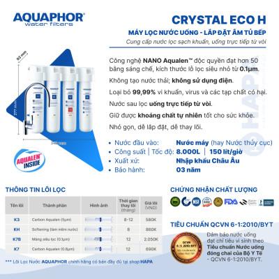 Máy Lọc Nước AQUAPHOR CRYSTAL ECO H Chuẩn Nước Khoáng Uống Trực Tiếp, Công Nghệ NANO Aqualen Độc Quyền, Máy Lọc Nước Không Điện - Nhập Khẩu Châu Âu, Hàng Chính Hãng
