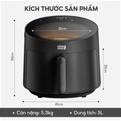 Nồi chiên không dầu Lebenlang LBL8187, 1500W, nồi 5L, mặt kính cường lực, bảo hành 2 năm - hàng chính hãng