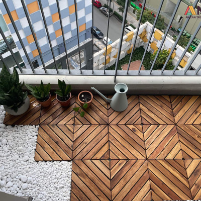 Sàn Gỗ Lót Ban Công Thương Hiệu ANKAN Màu Nâu Vàng Nan Hoa, Vỉ Gỗ Lót Sàn Dùng Để Lót Sân Vườn, Nhà Tắm, Phòng Spa, Có Phủ PU, Siêu Bền, Chống Thấm, Chống Trơn Trượt, Tiêu Chuẩn Xuất Khẩu (1 Vỉ)