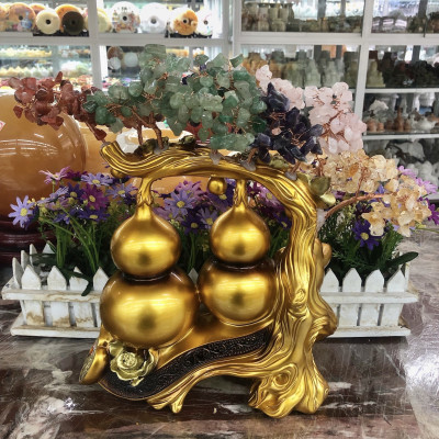 Cây tài lộc bầu hồ lô phong thủy đá thạch anh ngũ sắc trang trí bàn thờ thần tài, bàn làm việc - Cao 34 cm