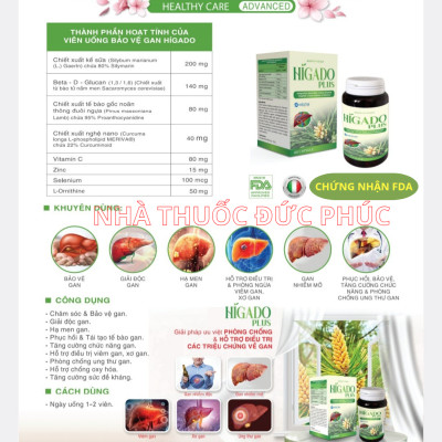 Bổ gan cao cấp HIGADO PLUS Chiết Xuất Tế Bào Gốc Nõan Thông Đuôi Ngựa, Cao khô Kế sữa, Ornithine,Betaglucan,CVitamin C, Selen, Kẽm, Curcumin Nghệ giúp chống oxy hóa,giải độc gan,hạ men gan, gan nhiễm mỡ, taeng cường chức năng gan