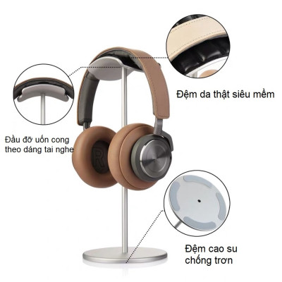 Giá treo tai nghe chụp tai nhôm nguyên khối đầu đỡ lớn bọc da cao cấp - Hàng Chính Hãng