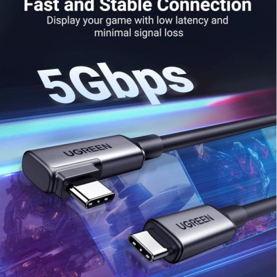 Ugreen 90629 5M 5Gbps Màu Đen Cáp sạc , truyền dữ liệu 2 máy tính 2 đầu USB-C 1 đầu vuông góc 90 độ US551 - Hàng chính hãng