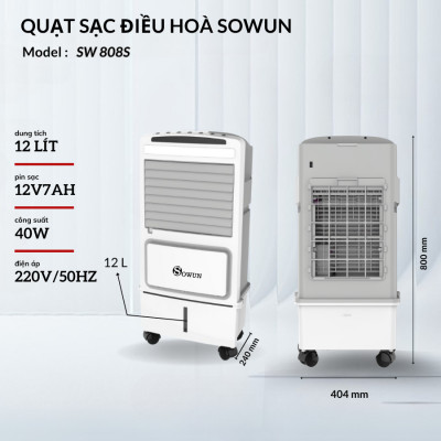 Quạt Tích Điện Điều Hòa SOWUN SW808S, Công Suất 40W Vừa Tích Điện Vừa Làm Mát Bằng Hơi Nước
