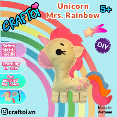 KIM NHỰA Bộ Thủ Công Trẻ Tự Làm Thú Bông 5+ Unicorn Mrs.Rainbow Craftoi Felt Sewing toy prepunched holes plastic needle