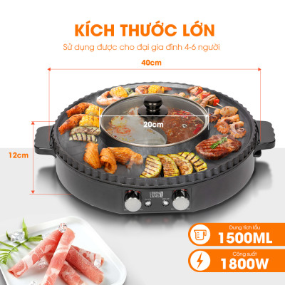 Nồi lẩu điện 2 ngăn Lebenlang LBTT5288, bếp lẩu nướng 2in1 đa năng tròn loại to,công suất 1800W tiện lợi cho gia đình - hàng chính hãng