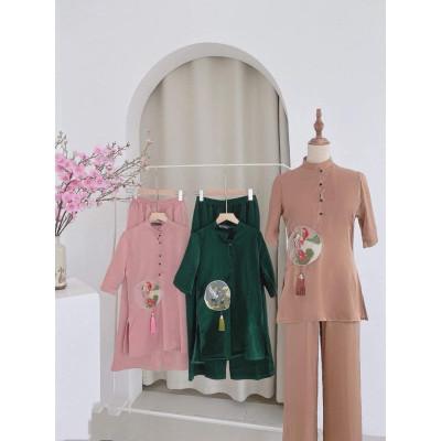 Đồ Lam Nữ Đi Chùa - Bộ Cổ Trụ Thêu Hạt Đính Ngọc Bội Tàu AL025