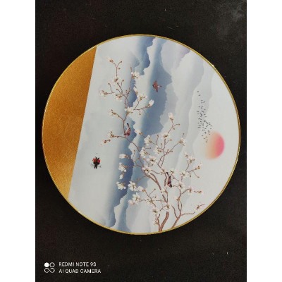 Tranh tráng gương tròn cao cấp hoa mai trắng