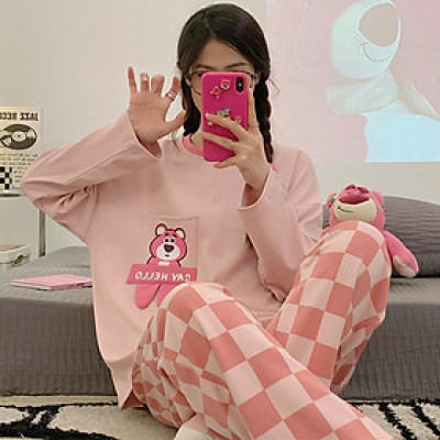 Bộ Đồ Ngủ MỚI 2021 Bộ Mặc Nhà Dài Tay Thu Đông Cho Nữ Họa Tiết Dễ Thương Chất Thun Cotton Mềm Mát