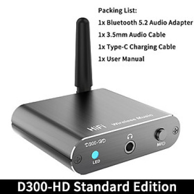 ROGTZ - Bộ Thu Âm Thanh Bluetooth 5.2 D300-HD Âm thanh Hi-fi, Khoảng cách hoạt động 15m, Chip Bluetooth Qualcomm CSR Hỗ Trợ Optical/Coaxial/AUX, Giải mã APTX/APTX-HD/SBC/AAC, Pin 500mAh 10h, Plug-and-play, Type C - Hàng Chính Hãng