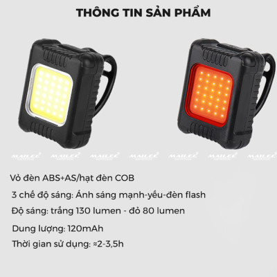 Đèn LED mini trước sau cho xe đạp BG-3133 sạc USB type-C, dung lượng 120mAh, hạt LED COB chống nước cho xe đạp 80-130 lumens - Mai Lee
