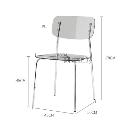 Ghế nhựa PC trong suốt ICE-PC Nội thất Capta Ghế Cafe Fastfood nhựa trong suốt màu xám khói xếp chồng có chân thép mạ chrome bóng 