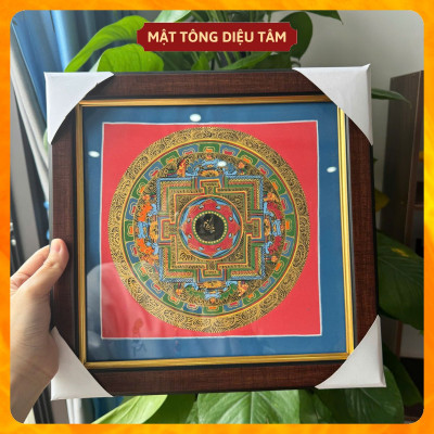 Tranh Mandala Kalachakra chú OM Nepal 27cm có khung kính tranh Kim cang họa sư vẽ tay thủ công (ngẫu nhiên) Mật tông Diệu Tâm