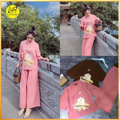 Bộ Đi Lễ Chùa - Đồ Lam Nữ Đi Chùa Đẹp Cao Cấp Trang Nhã Vải Ford Cao Cấp Thêu Hoa Sen 2021 Dành Cho Phật Tử - AL006