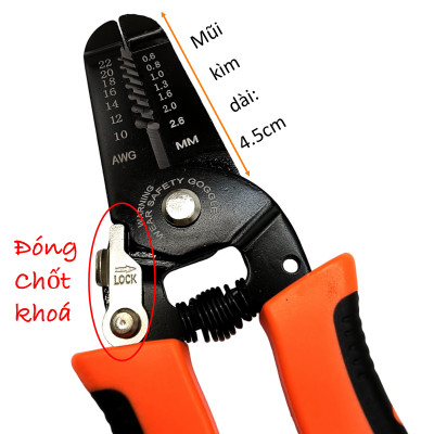 Kìm tuốt dây, kìm tuốt dây điện, kìm chính hãng cao cấp, mũi kìm tròn có chốt gài an toàn khi sử dụng 