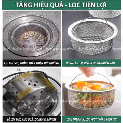 Giỏ Lọc Rác Bồn Rửa Bát INOX 304 Rổ Lọc Rác Chậu Rửa Chén Có Quai Xách Thoát Nước Nhanh Tiện Lợi