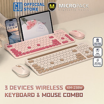 Bộ bàn phím kèm chuột không dây MicroPack Lifestyle KM-238W Có Khe Dựng Máy Tính Bảng, Điện Thoại Kết Nối 03 Thiết Bị Hàng Chính Hãng
