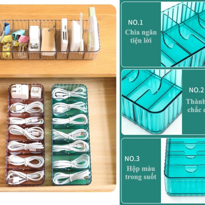 Hộp nhựa SmileBox màu trong suốt đựng phụ kiện dây cáp sạc, vật dụng văn phòng nhỏ gọn xếp chồng được, hộp có chia ngăn tiện lợi- Hàng chính hãng