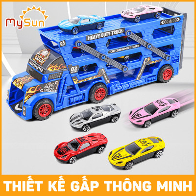 Mô hình xe tải container đầu kéo đồ chơi chở 8 ô tô cho bé MySun