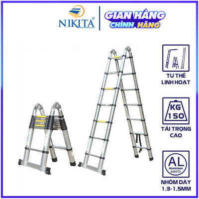 Thang nhôm rút đôi có bánh xe di chuyển tiện lợi, thanh giằn gia cố, khóa thang 2 lớp - NIKITA 2024