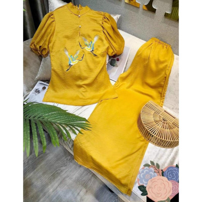 Set đồ lam đi chùa cách tân thêu tay phồng có đính hạt