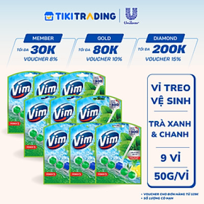 Combo 9 Vỉ Treo Vệ Sinh Bồn Cầu Vim Power 5 Hương Trà Xanh - Chanh Sạch Khuẩn Thơm Mát 50G/Viên
