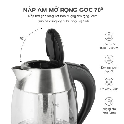 Ấm siêu tốc, bình thủy tinh Lebenlang LBLB2226 có lõi lọc trà, công suất 2200W, dung tích 1800ml, bảo hành 2 năm - hàng chính hãng