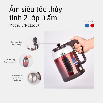 Bình Đun Siêu Tốc Ủ Ấm 2 Lớp Cách Nhiệt Bằng Thuỷ Tinh Bennix BN-6116EK Dung Tích 2L Công Suất 1500W- Hàng Chính Hãng