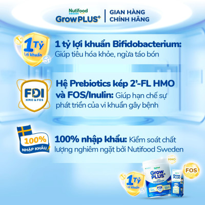 Sữa bột pha sẵn Nutifood Sweden GrowPLUS+ Tiêu Hóa (Xanh Nhạt) 1+ - Tiêu hóa khỏe, tăng cân (48 hộp x 180ml)