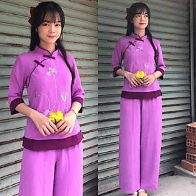 Đồ Lam Đi Chùa # Sẫm 2Nút Hoa Thêu Phối Vải Đũi