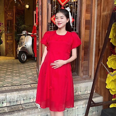 Đầm bầu tơ phom suông đính nơ nhẹ nhàng, dễ thương, sang chảnh Nữ Women