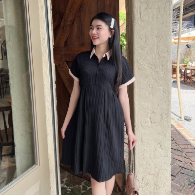 Đầm bầu babydoll đũi gân cổ sơ mi thanh lịch, phối màu bầu diện dễ thương