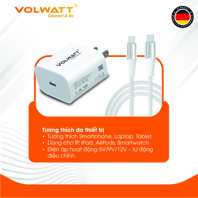 Bộ củ cáp sạc nhanh Volwatt GE-20-SCC 20W hàng chính hãng | Adapter PD Type-C + Cáp Type-C to Type-C 60W, dài 1m – BH 12 tháng