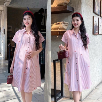 Đầm Bầu Form Dáng Sơ Mi Sọc Xinh Chất Cotton Lụa Mềm Mát, Váy Bầu Cá Tính Size M L