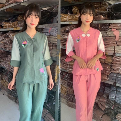 Đồ Lam Đi Chùa # Tim 1Nút Bông Cao Cấp# Quần Áo # Đồ Bộ Nữ