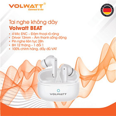 Tai nghe không dây Volwatt Beat hàng chính hãng | TWS Bluetooth 5.4, 4 Mic ENC chống ồn, Pin 5–6h + Hộp 400mAh, BH 12 tháng