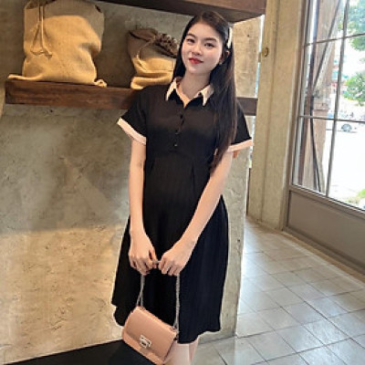 Đầm bầu babydoll đũi gân cổ sơ mi thanh lịch, phối màu bầu diện dễ thương