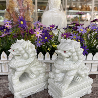 Cặp tượng Kỳ Lân phong thủy đá trắng xanh - Cao 15 cm