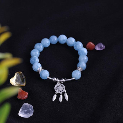 Vòng tay phong thủy đá Aquamarine 10 ly Mix Charm Dreamcatcher Bạc 925