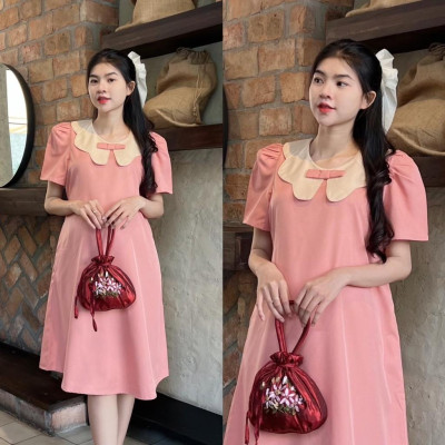 Đầm bầu công sở cổ sen phối nơ chất cotton lạnh phom suông gọn dáng thanh lịch