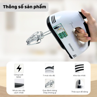 Máy đánh trứng Daewoo DWHM-318 công suất 150w kèm qua đánh inox - Hàng chính hãng