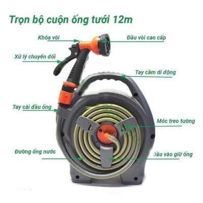 Bộ cuộn ống tưới 12m kèm vòi tưới 6 chế độ