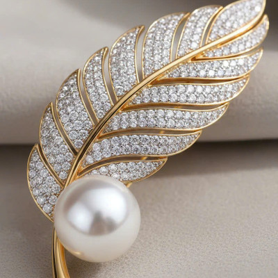 Trâm Cài Áo Vest, Áo Dài Đính Ngọc Trai Baroque Hình Lông Vũ thời trang thiết kế Hity ACC404