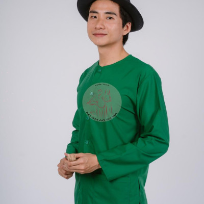 Bộ áo bà ba nam phối áo cate xanh lá + Quần cate đen - Có bộ bà ba Bigsize