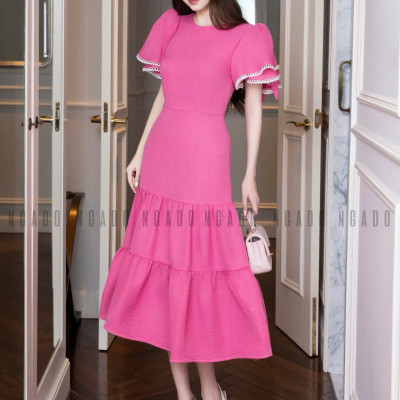 Đầm hồng sen phối ren NGADO , đầm dài , đầm Nữ , đầm công sở , dự tiệc