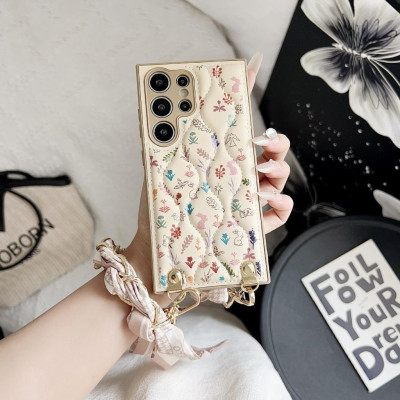 Ốp Lưng TPU Chỉ Nổi Họa Tiết Hoa Kèm Quai Khăn Lụa Sang trọng Cho Samsung S25 Ultra / S24 Ultra / S23 Ultra