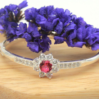 Vòng Tay, Lắc Tay Nữ BẠC HIỂU MINH LTU314 Dạng Kiềng Hoa Đá Đỏ Lấp Lánh