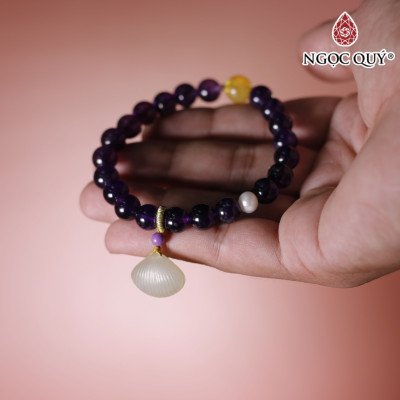 Vòng tay đá thạch anh tím & ngọc trai mix charm vỏ sò mệnh hỏa. thổ - Ngọc Quý Gemstones